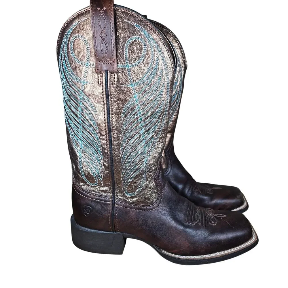 Ariat Womens Round up Yukon Brown Bronze Double Welt Square toe Cowboy Boots 6.5